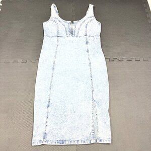 Light Wash Denim Sleeveless Midi Dress With Back Zipper Closure & Side Slit